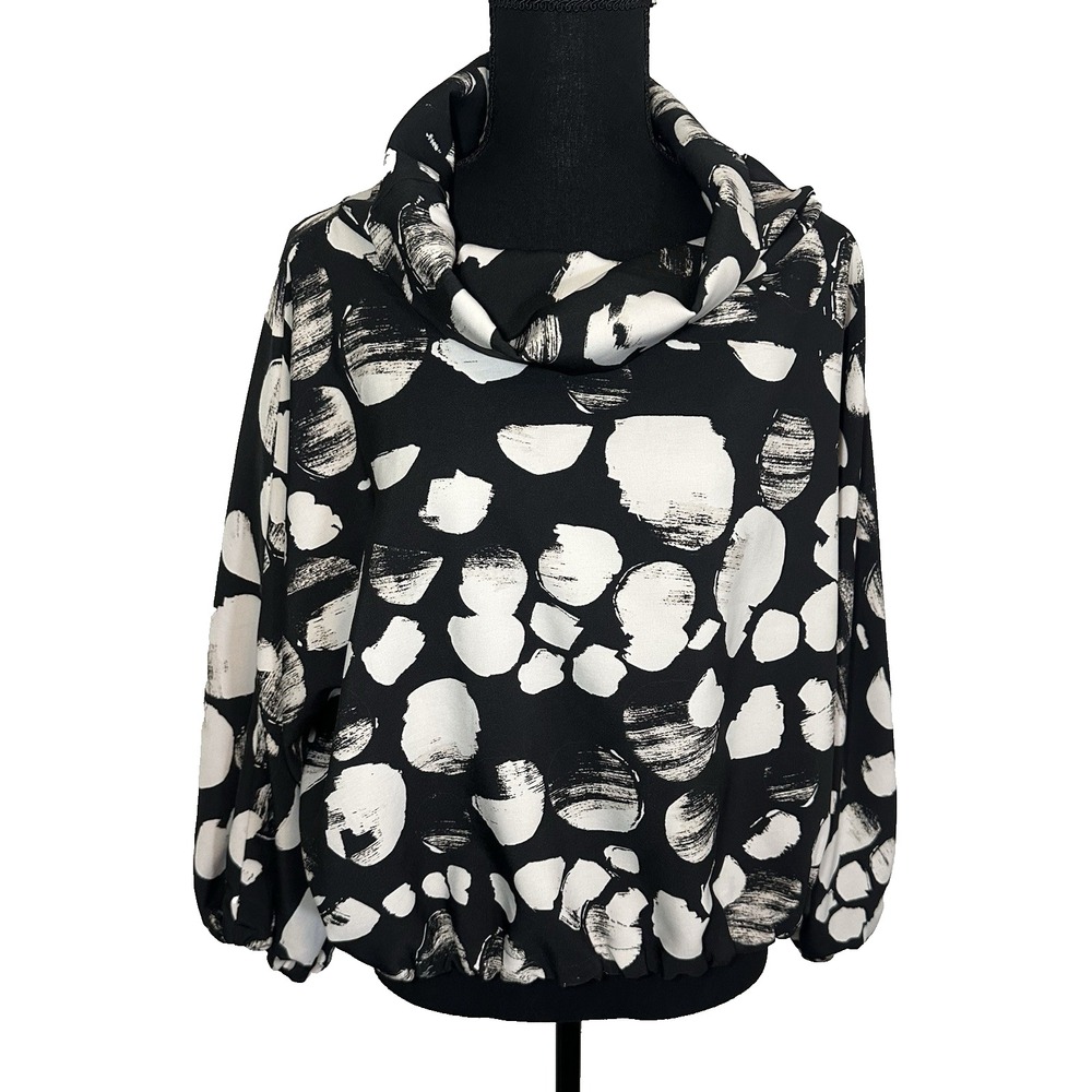 Bryn Walker MED Giovanna Cowl Neck Crop Oversized Abstract Artsy Black White